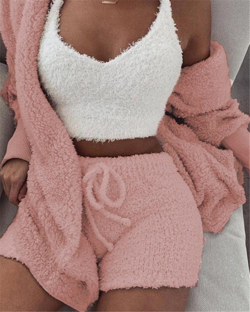 3 Piece Pajama Set. Long Sleeve, Crop Tank Top, And Drawstring Shorts