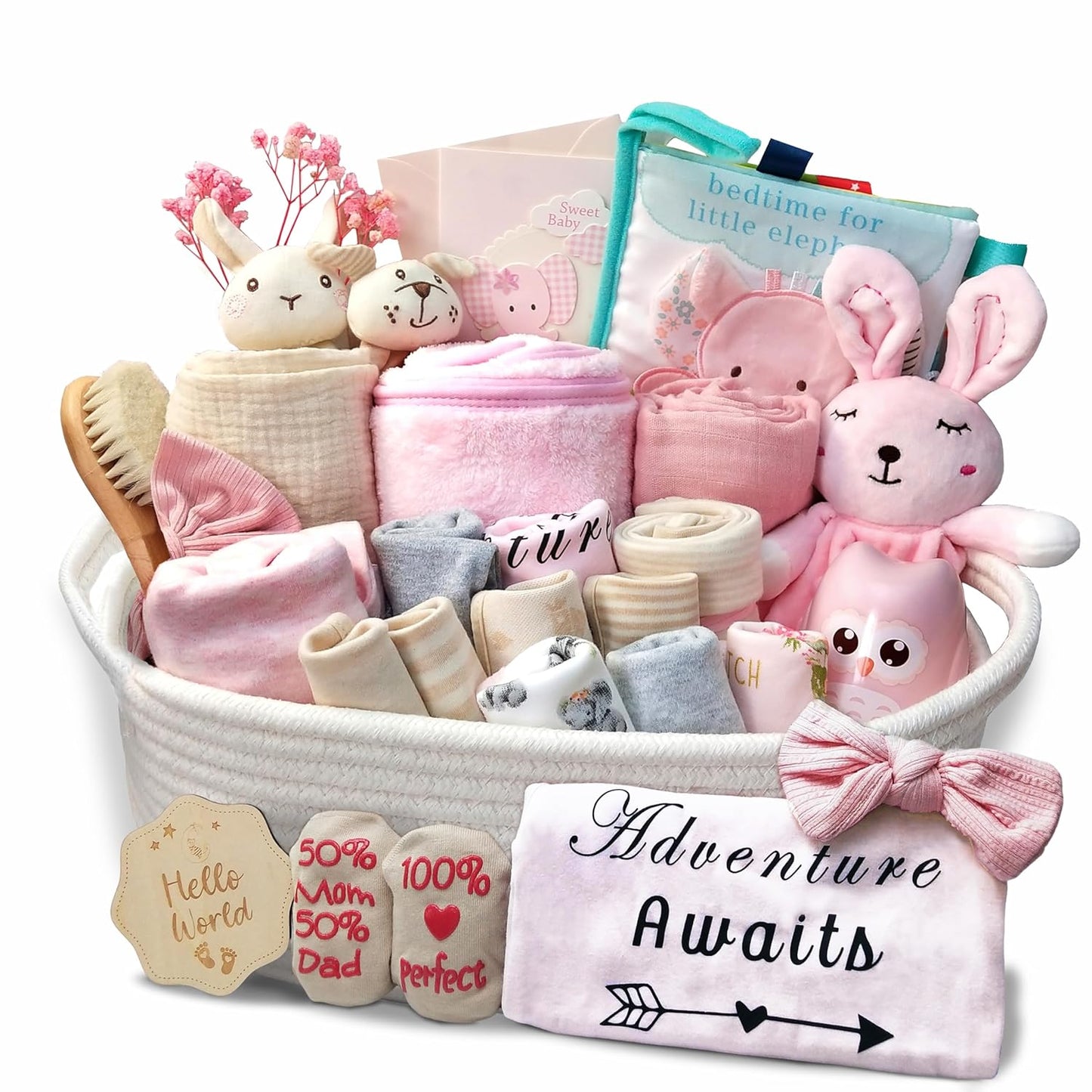 27-Piece Baby Shower Gifts for Girls, Newborn Essentials Must Haves,Large Baby Girl Gift Basket Set Essential Stuff,Gender Reveal Gifts,Rattle Swaddle,Pink,Baby Registry Search,Diaper Caddy Organizer