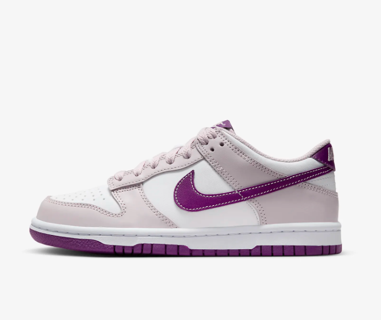 Nike big kids low dunks White/Platinum Violet/Viotech