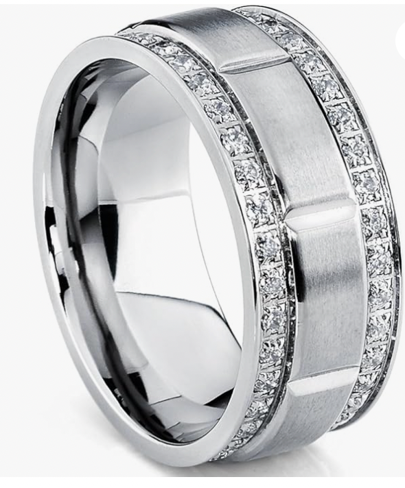 Metal Masters Men's Titanium Wedding Band Ring with Double Row Cubic Zirconia