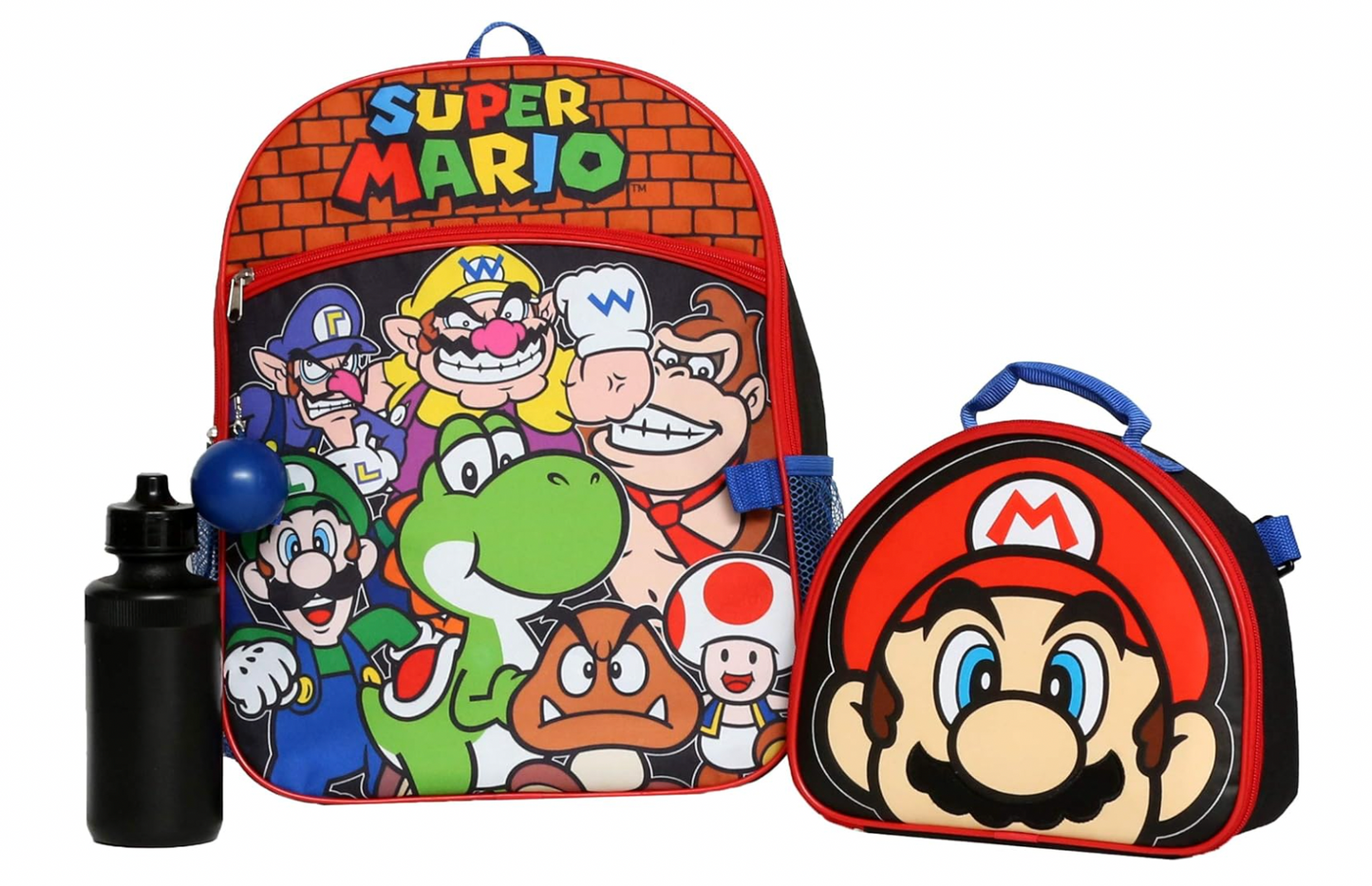 Nintendo Super Mario Bros. Backpack Set for Boys & Girls, Kids 16" School Bag with Front Zip Pocket, Red & Black